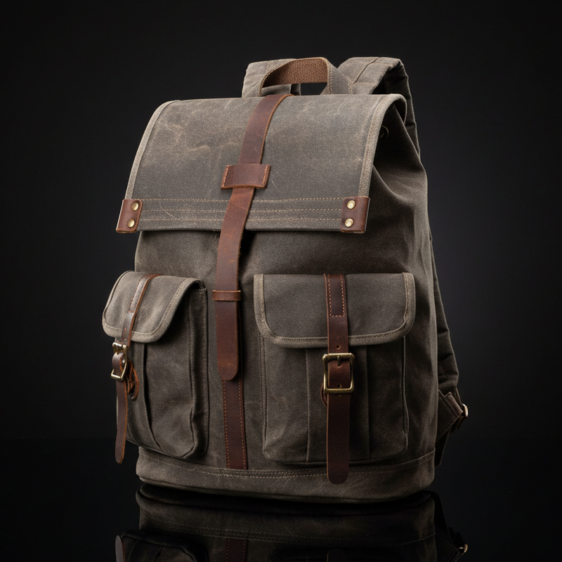 Oil Wax Canvas Rucksack mit Echtleder – Vintage Laptoprucksack